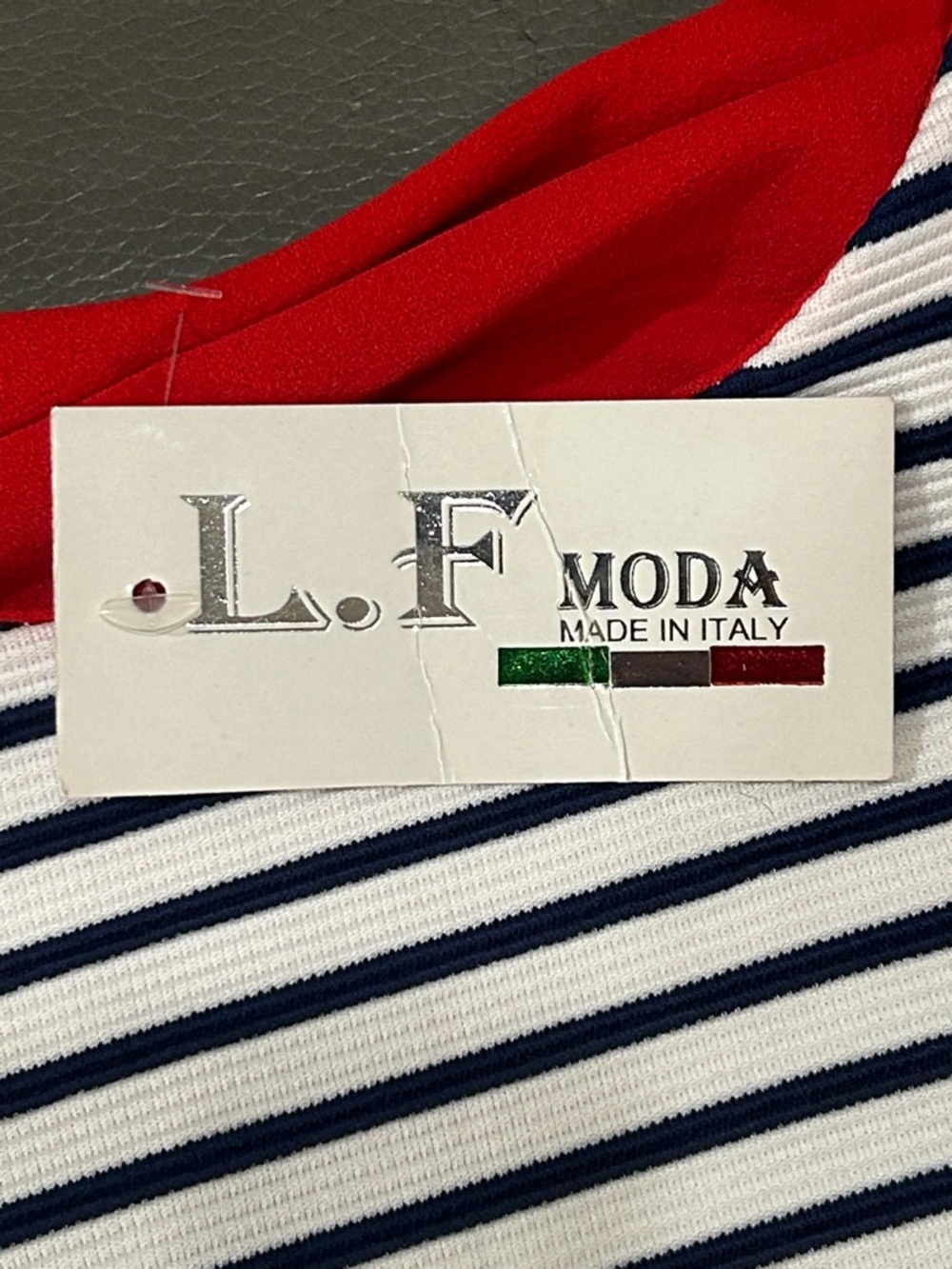 LF Moda Italian Striped Navy & White Tee Dress with Red Trim NWT size 3/4 - Picture 3 of 5
